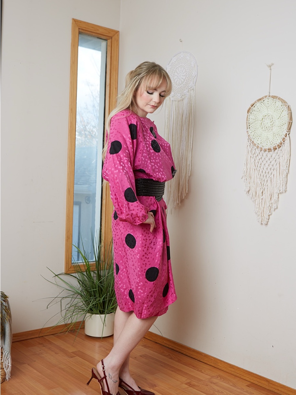 Vintage 80s SILK Pink Polka Dot Midi Dress with Black Dots 10